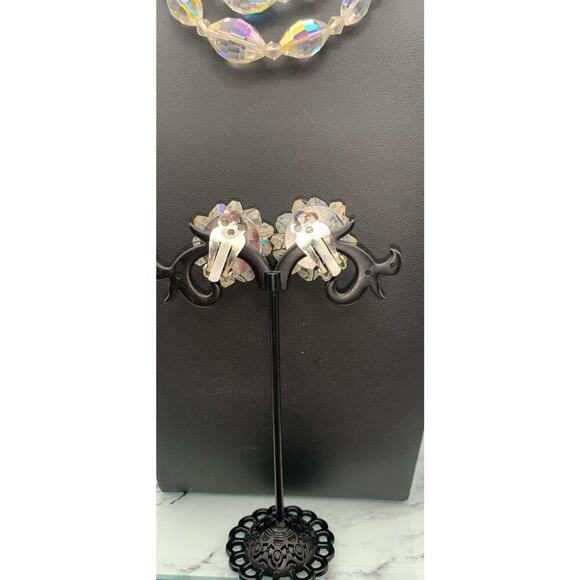 Vintage Double Strand Aurora Borealis AB Crystal Necklace & Cluster Clip On’s - Picture 4 of 7